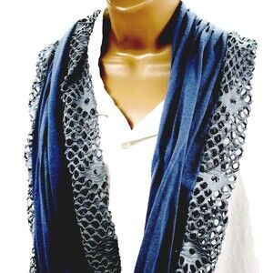 Infinity Scarf Shawl Cut Out Lace Crochet Soft T-Shirt Fabric Blue Gray OS Boho